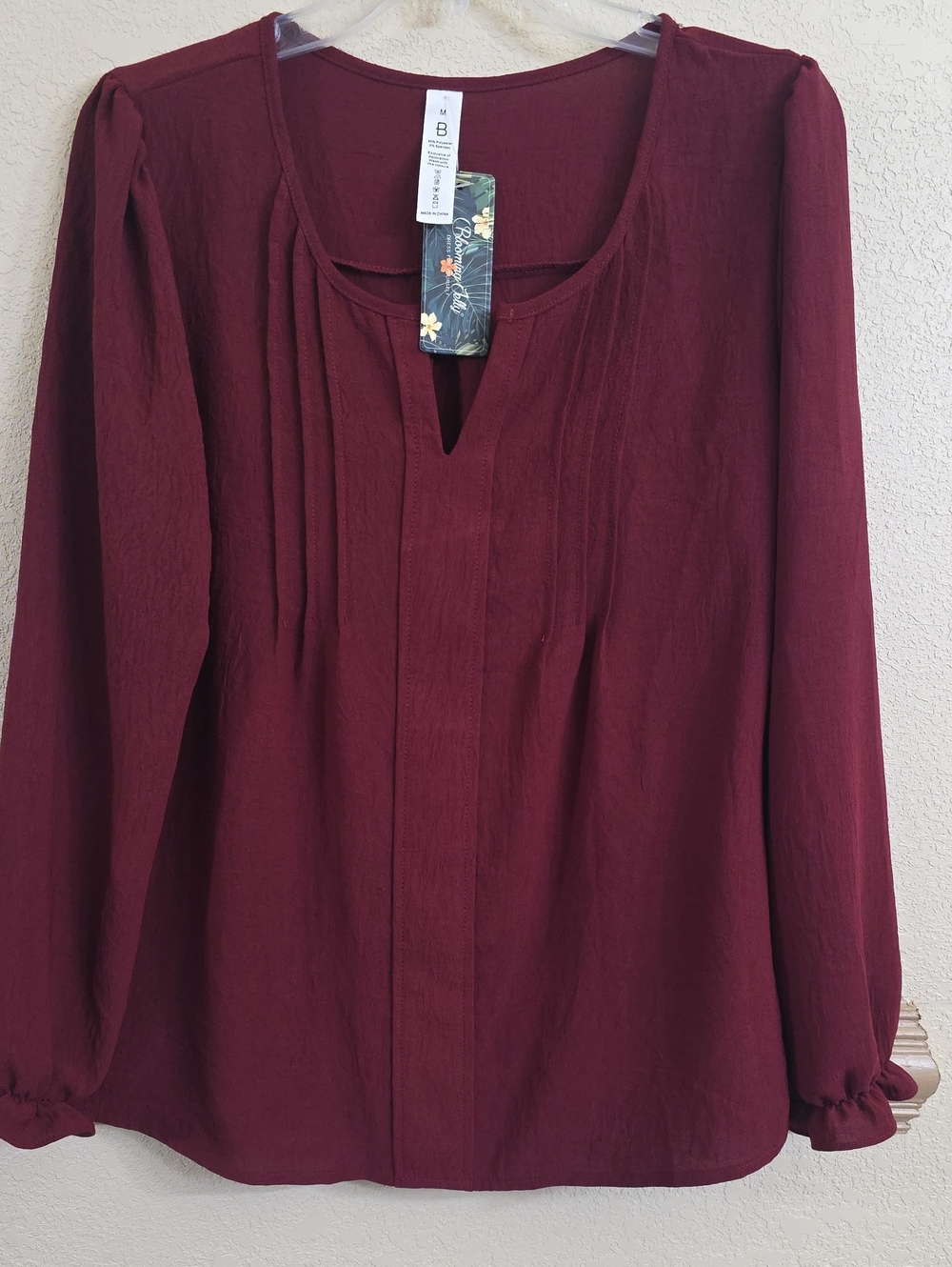 Women's Burgundy Pintuck V-Notch Long Sleeve Blouse - Blooming Jelly